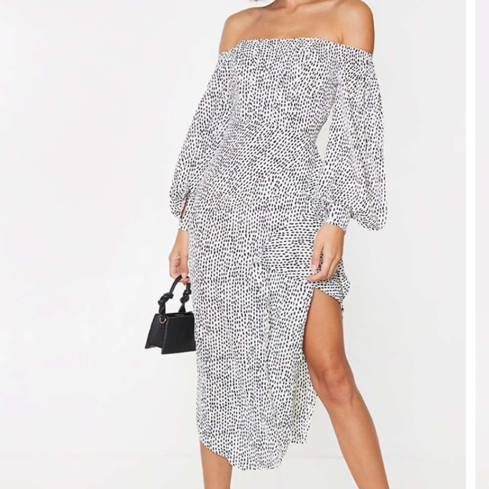 Black and white Dot Bardot Sleeve Midi Dress